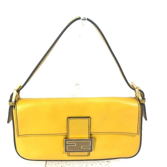 AUTHENTIC FENDI FF Mamma Baguette Bag 2WAY Hand Bag Leather yellow - Picture 1 of 15